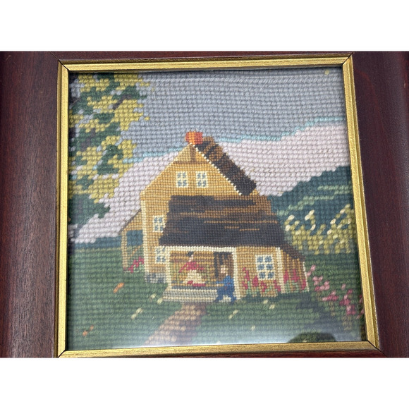 VTG Framed Needlepoint Art House Porch Cottagecore Decor Early American - Picture 2 of 6